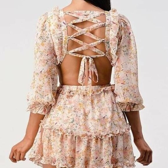 3/4 Sleeve Strappy Back Pink Floral Sexy Deep V-Neck Cut Out Mini Dress - Picture 10 of 13